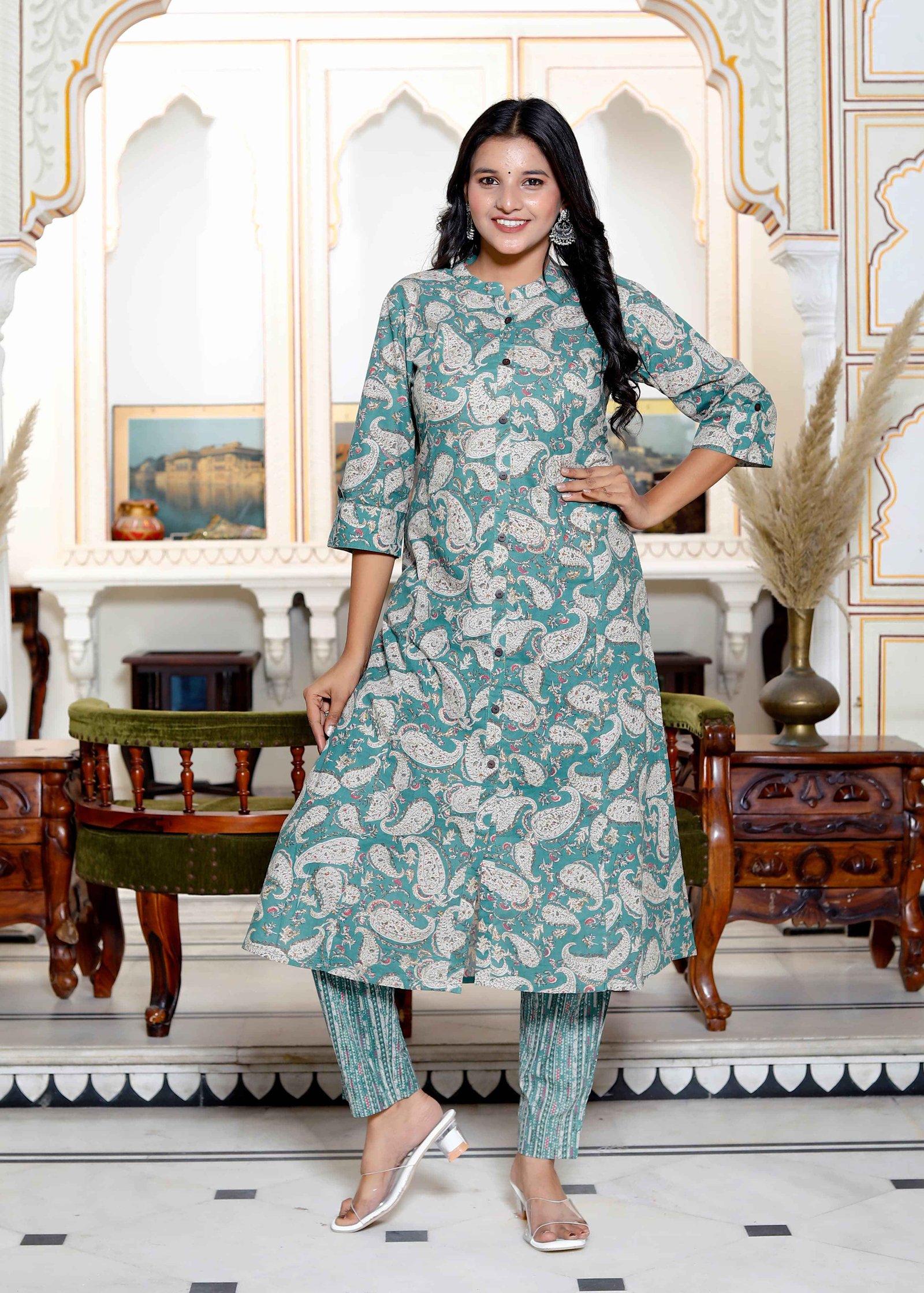 Teal Green  Princescut  Seam Kurti with Subtle Floral Print & Front Button Placket